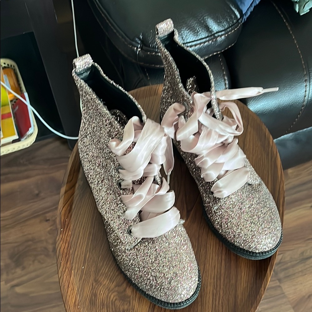 Pink Glitter Lace-Up Ankle Boots - Pink